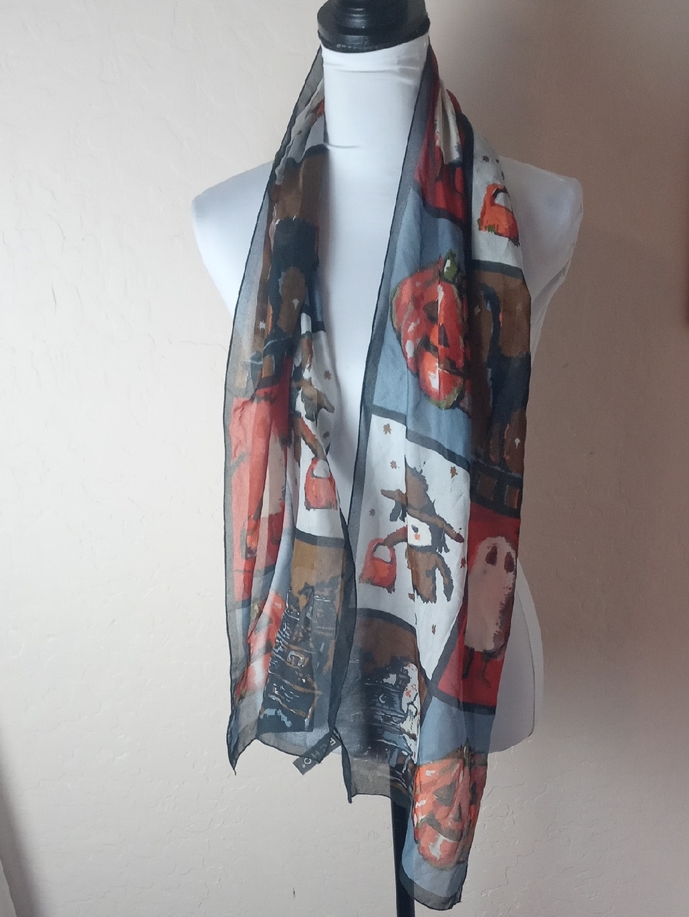 Echo Vintage Sheer Halloween Print Scarf in Red, Brown, Black - Picture 3 of 5